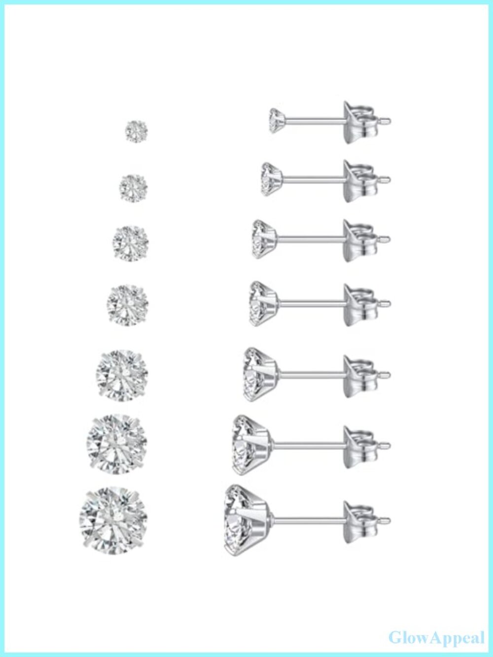 7 Pairs Silver Cubic Zirconia Stud Earrings Hypoallergenic 316L Surgical Steel